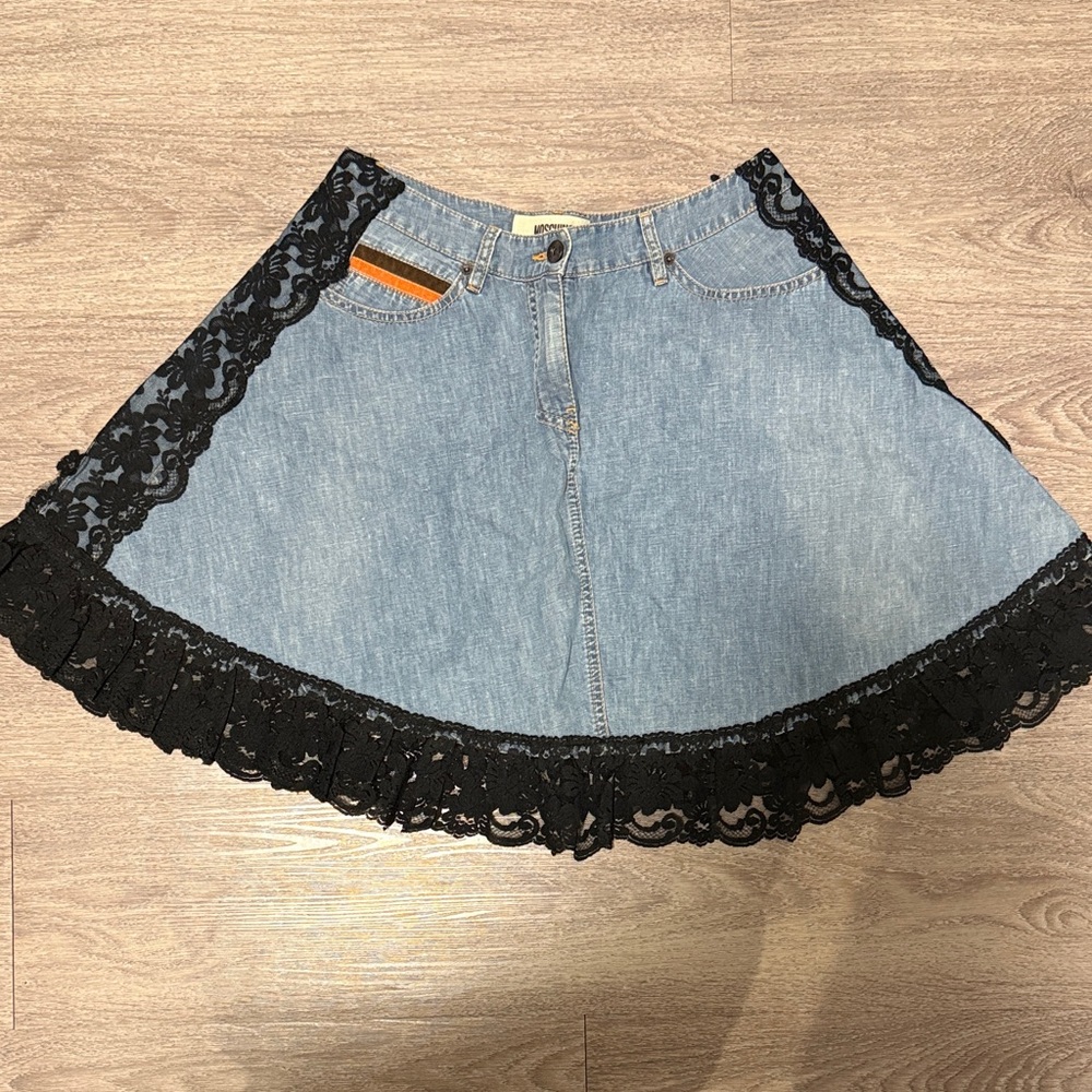 Moschino Jeans Women’s Denim Skirt with Black Lace Accents